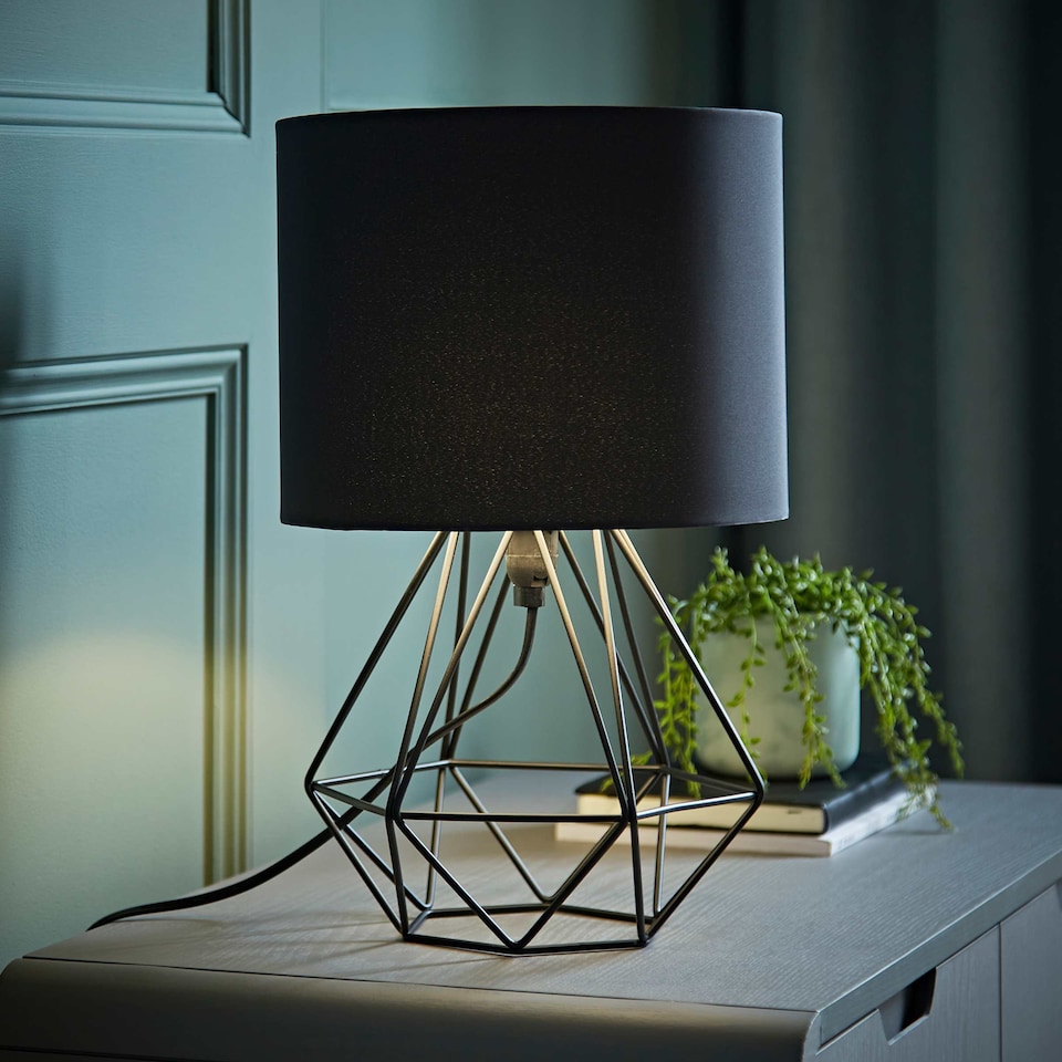 image 1 of ValueLights Modern Black Metal Basket Cage Bed Side Table Lamp With Black Fabric Shade