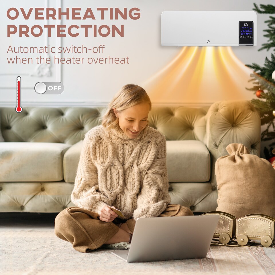 image 1 of HOMCOM Electric Heater, 2000W Wall Mounted Ceramic Space Heater with Remote Control, 2 Modes, Timer, Oscillation, Overheat Protection for Home, White