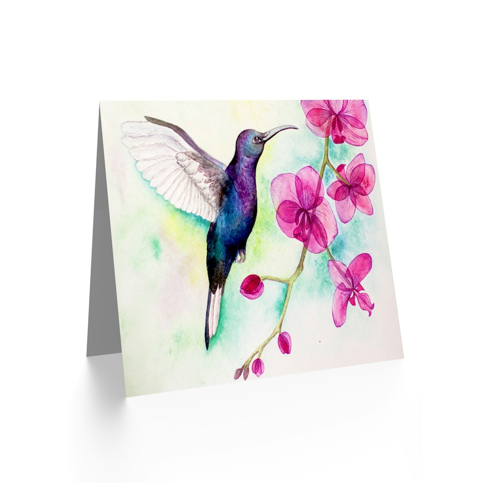 image 1 of Hummingbird And Orchid Flowers Floral Watercolour Art Card
