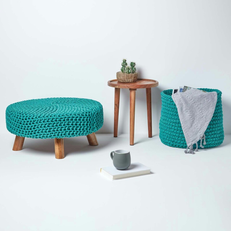 image 1 of Homescapes Teal Green Large Round Cotton Knitted Footstool on Legs