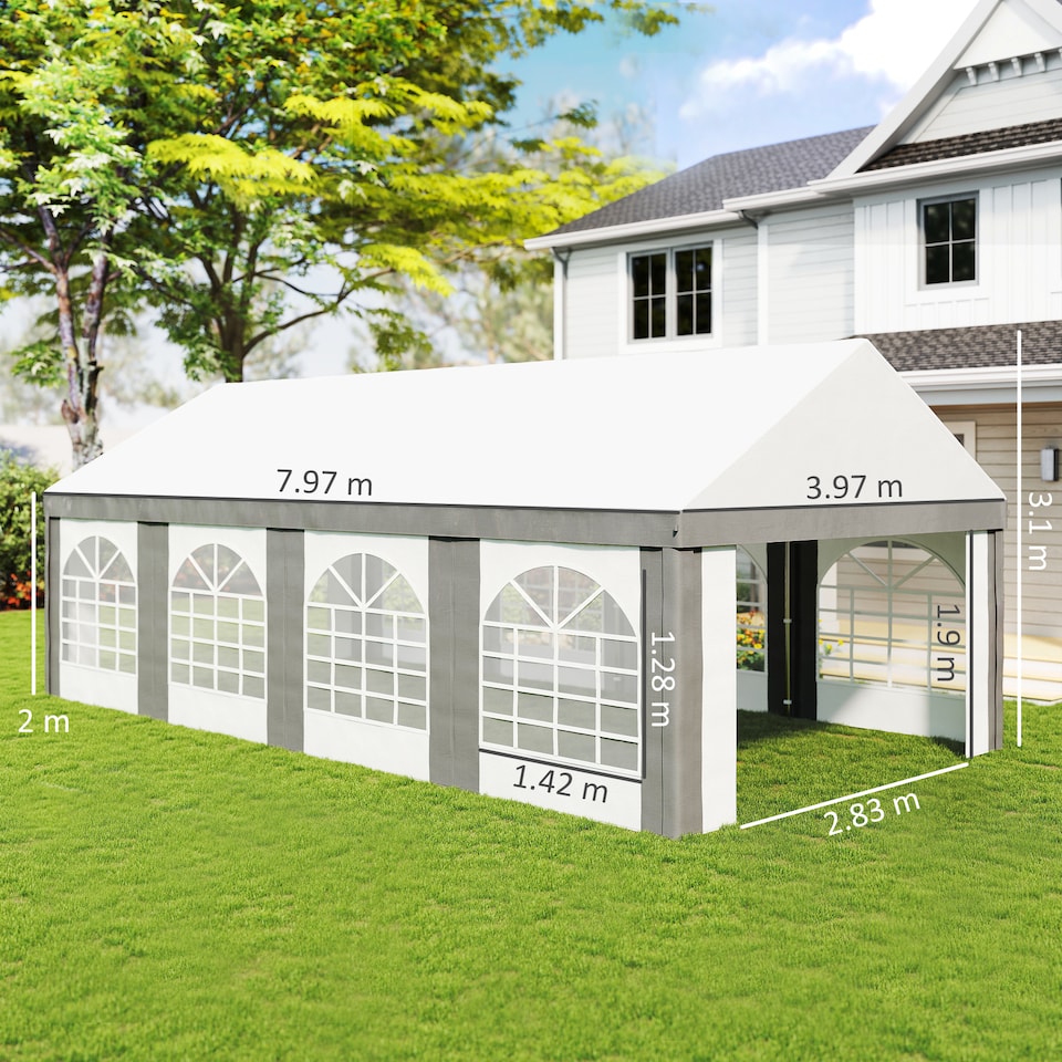 image 1 of Outsunny 8 x 4m Galvanised Party Tent, Marquee Gazebo with Sides, Eight Windows and Double Doors, for Parties, Wedding and Events