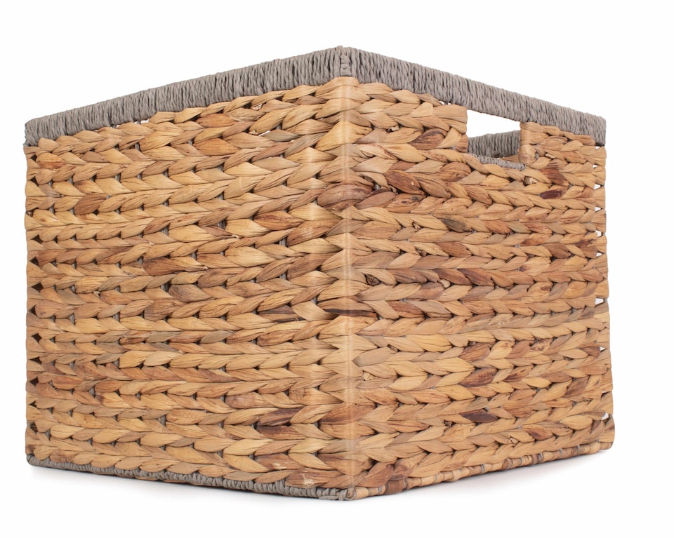 image 1 of Large Square Water Hyacinth With Grey Rope Border Storage Basket | Brown | Brown | L