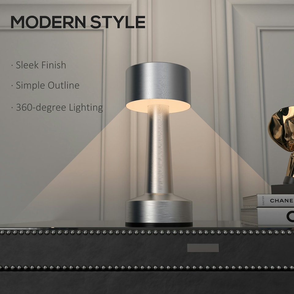 image 1 of HOMCOM LED Cordless Table Lamp with Battery Operated for Bedroom, Silver