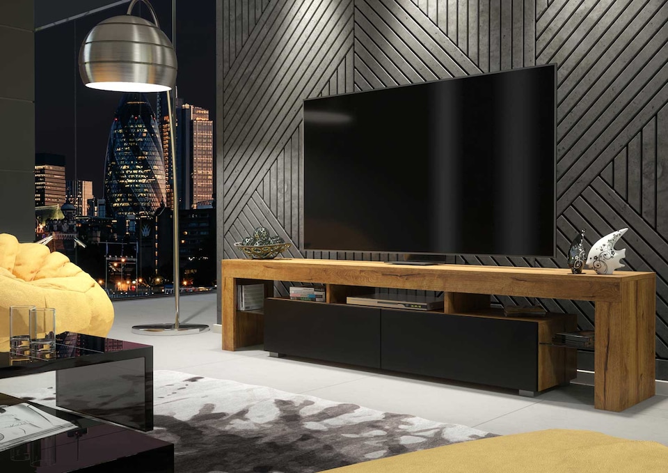 image 1 of TV Unit TV Stand Oak Black Media Console Sideboard Storage Cabinet 200cm