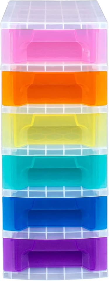 image 1 of Really Useful Box Plastic Storage Slimline Tower 6x3.5 Litre Clear Frame with Rainbow Drawers