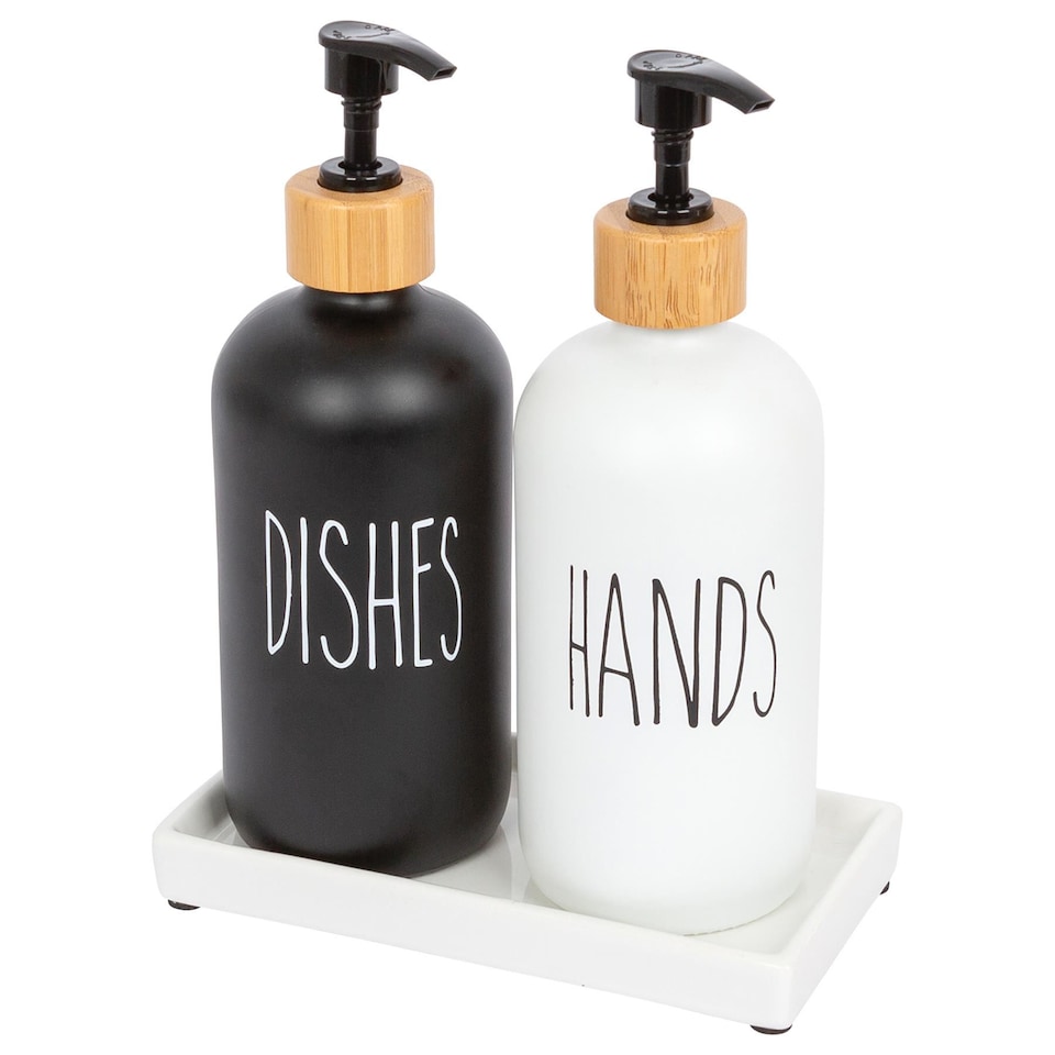 image 1 of Harbour Housewares 2pc Glass Hand & Dish Soap Dispenser Set with Ceramic Tray - 500ml - White/Black