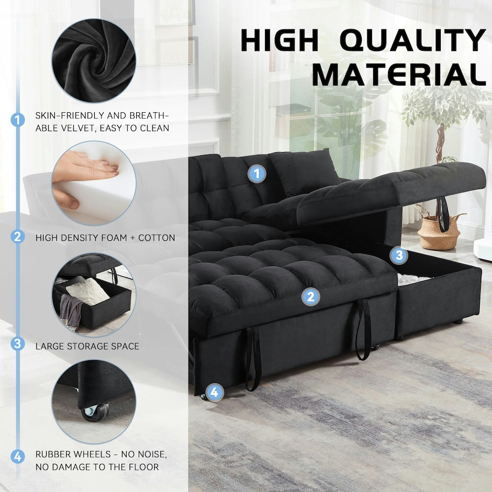image 1 of Madrid Corner Chaise Lounge L Shape 3 Seater Sofa With With a Reversible Chaise & Pull Out Sofa Bed Black