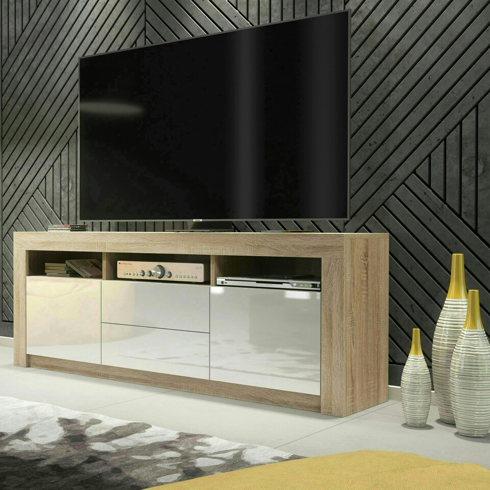 image 1 of TV Unit 160cm White Gloss Doors & Drawers Oak Matt Body With LED | Multi | Oak | One Size | 1