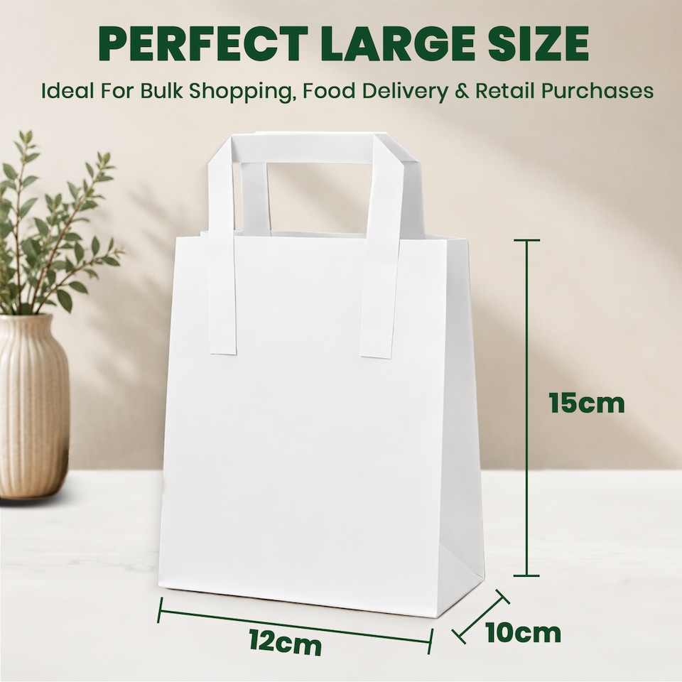 image 1 of ECONX Large White Kraft Paper Bags With Handles SOS Bags Takeaway Grocery Party Carrier Bags x 100pc