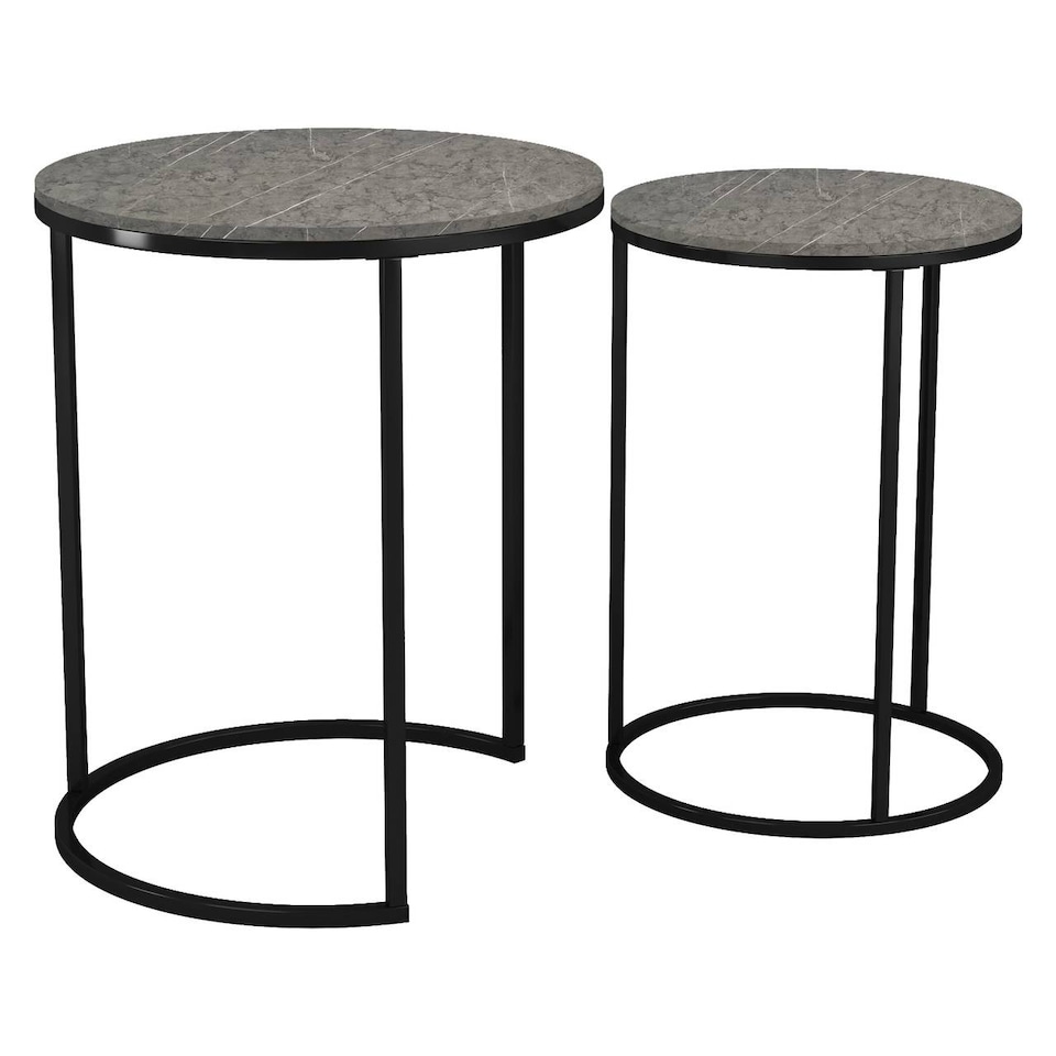 image 1 of 2Pc Round Nesting Stackable Sofa Side Bedside End Table Set Wood Top Metal Legs | Multi | Black Marble Top with Black Legs