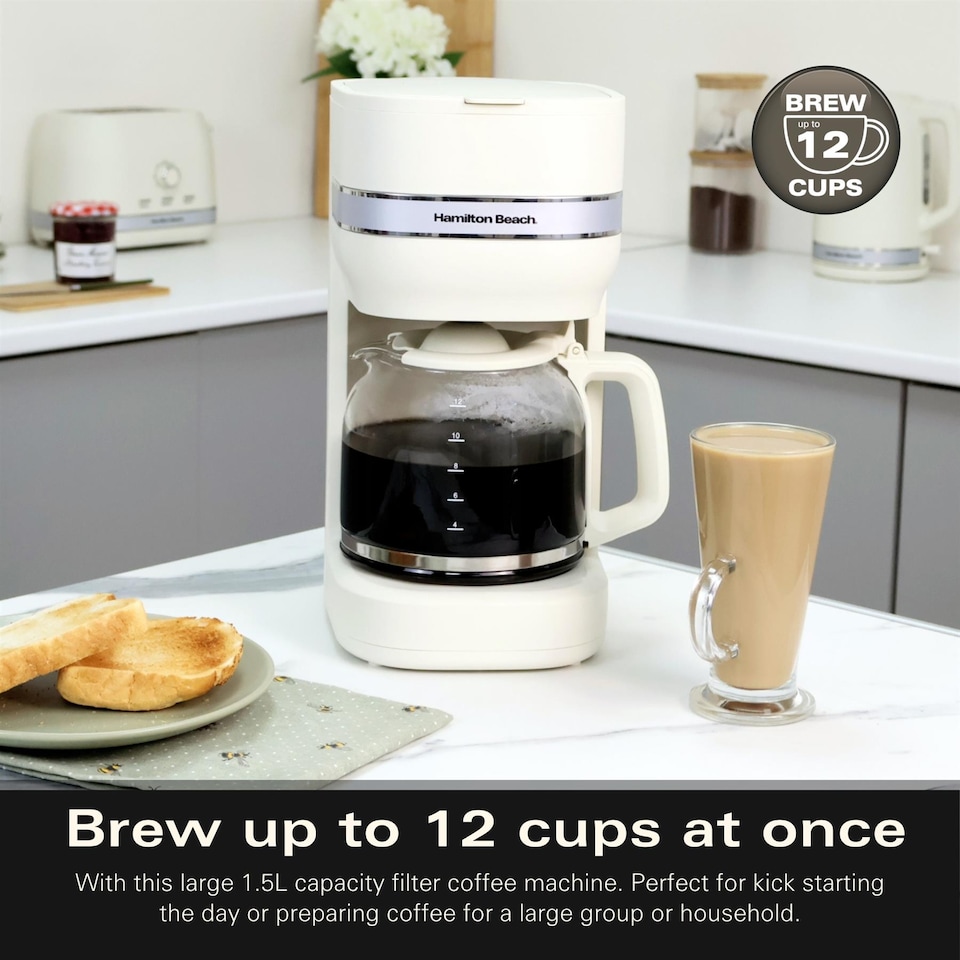image 1 of Hamilton Beach Filter Coffee Machine, Ella 1.5L, 900W, Coffee Maker for Instant Coffee, Espresso, Macchiato, Makes 12 Cups, Re-usable Filter, Anti-Drip, Water Level Window, Matte Latte - HBC9453MC