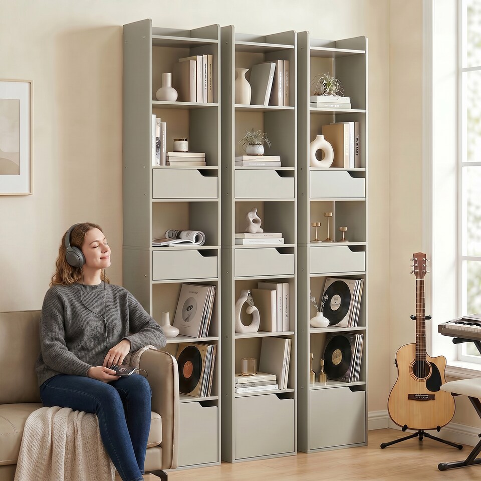 image 1 of HOMCOM Bookcase Tall Narrow with 5 Tiers Drawers