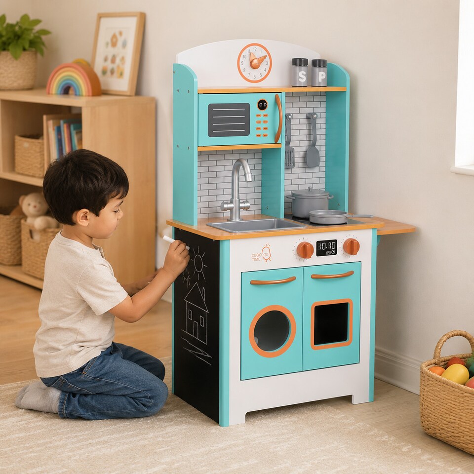 image 1 of Teamson Kids Play Kitchen, Small Retro Aqua Wood, Little Chef Santos