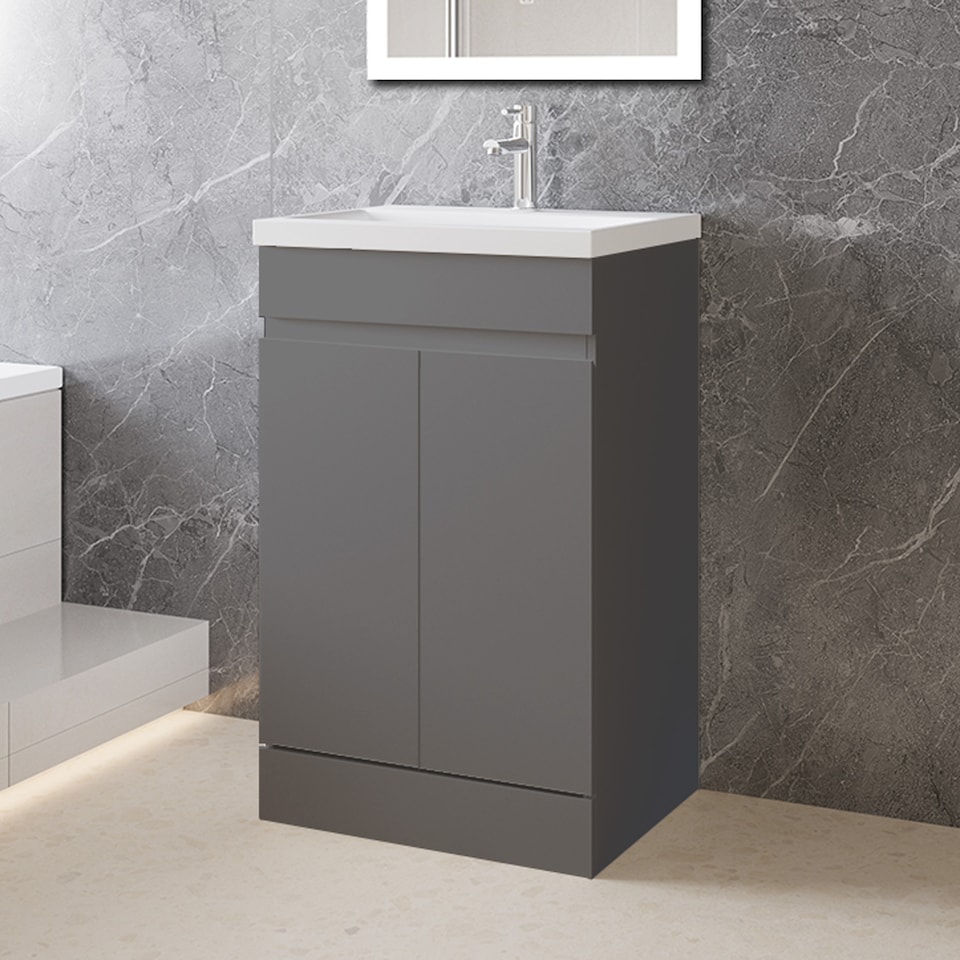 image 1 of AICA 500mm Matte Anthracite Bathroom Vanity Unit With Basin Double Door Floor Standing Design Flat Packed