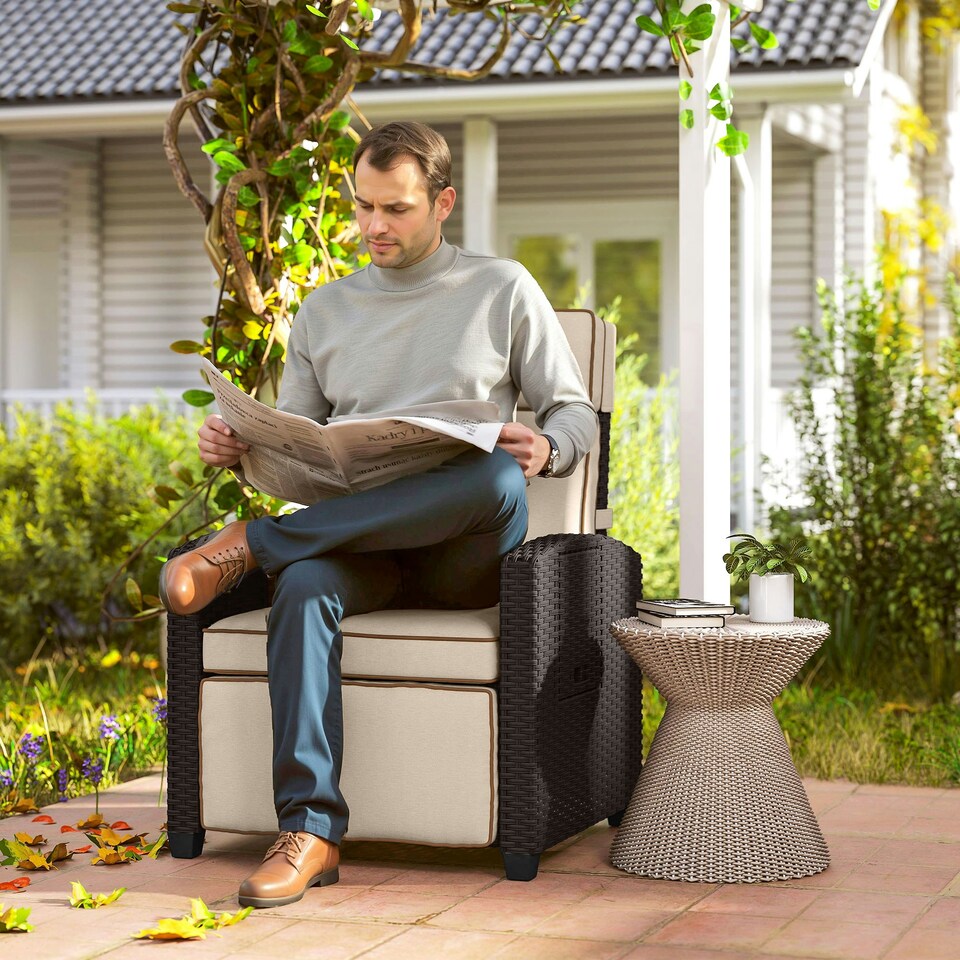 image 1 of Outsunny Rattan Garden Recliner Sun Lounger w/ Flip Table, Dark Brown/Khaki