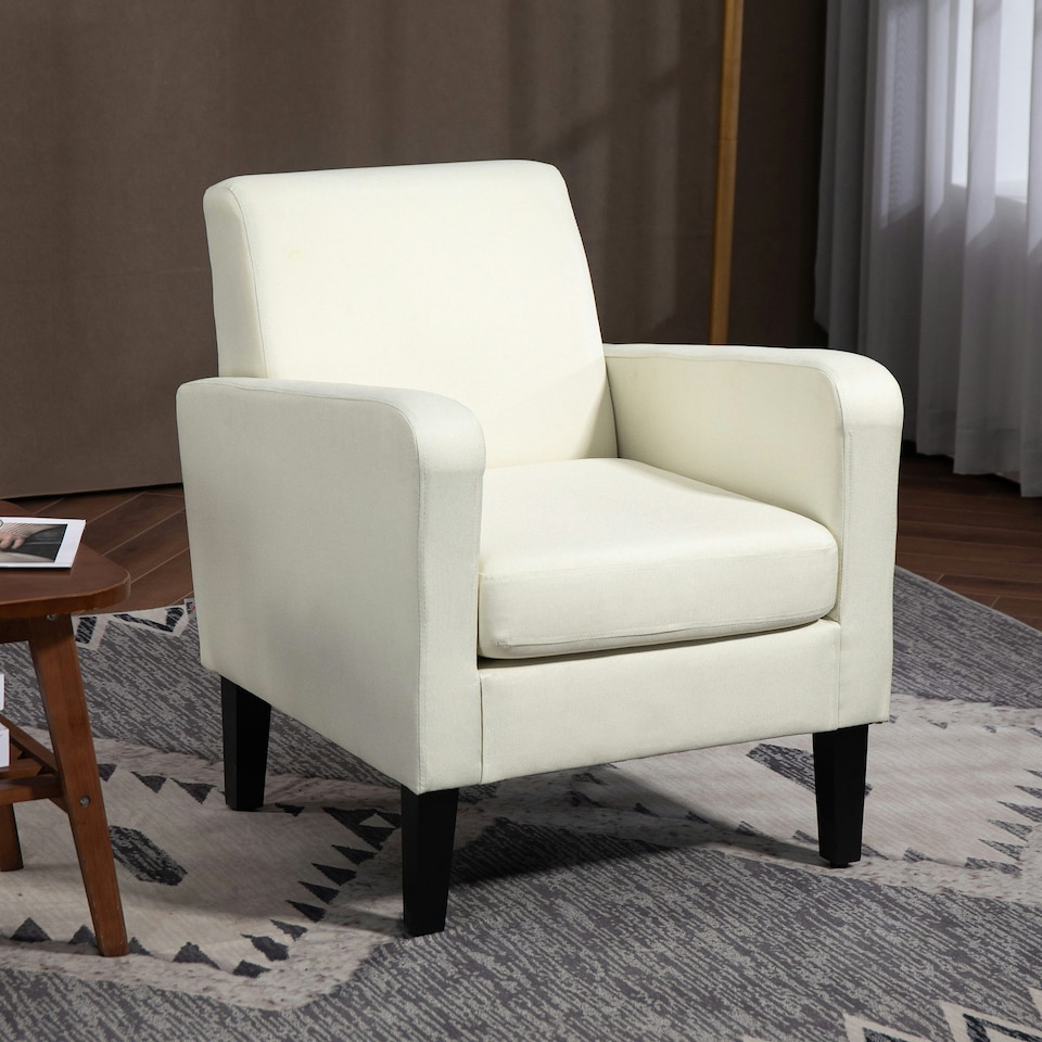 image 1 of HOMCOM Modern Armchair Accent Chair with Rubber Wood Leg for Bedroom Cream White