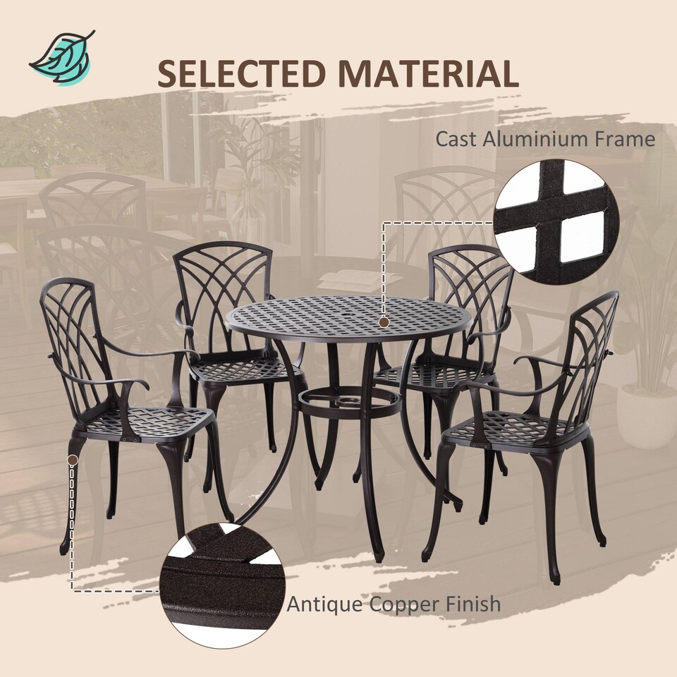 image 1 of Outsunny 5 Pieces Garden Dining Set for 4, Cast Aluminium Outdoor Dining Set with 4 Armchairs and Round Dining Table with Parasol Hole, Garden Furniture Set, Brown