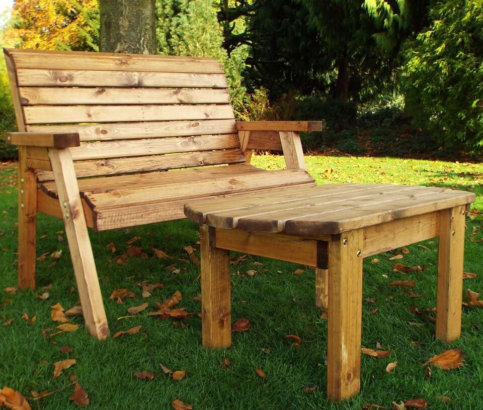 image 1 of Hand Made 2 Seater Chunky Rustic Wooden Garden Furniture Bench With Coffee Table
