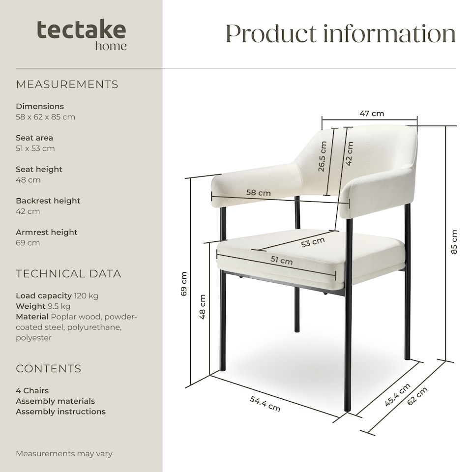 image 1 of Armchair Doe - durable fabric, black powder-coated legs, 120 kg load, 58 x 62 x 85 cm | White | Woven fabric off-white/black | 4