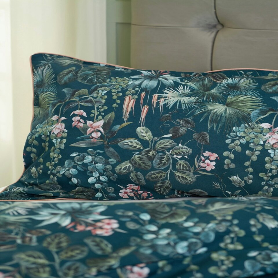 image 1 of Tropical Leaves 100% Cotton Duvet Cover Set – Digitally Printed with Piped Edging Multi | Double