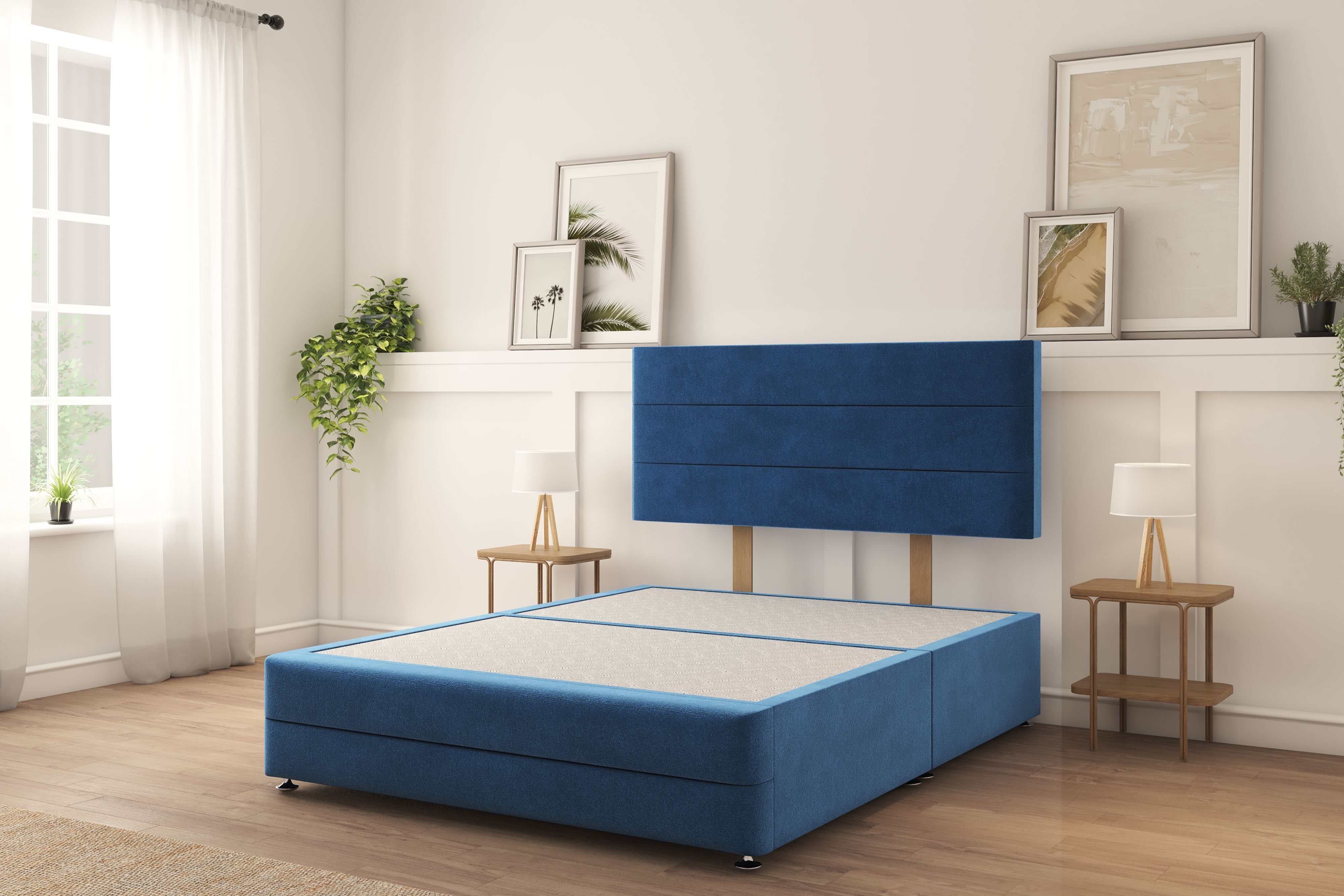 Sloomy Monaco Navy Plush Divan Bed Base No Drawers With 26" Strutted Headboard & 12" Footboard 3' Single