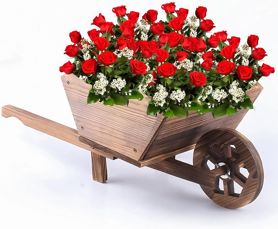 image 1 of GARDEN MODERN WOODEN WHEEL BARROW PLANTER BURNT WOOD FLOWER CART ORNAMENTAL POT