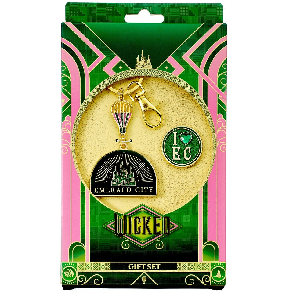 image 1 of Wicked Emerald City Hot air Balloon Keyring & Pin badge Gift Set