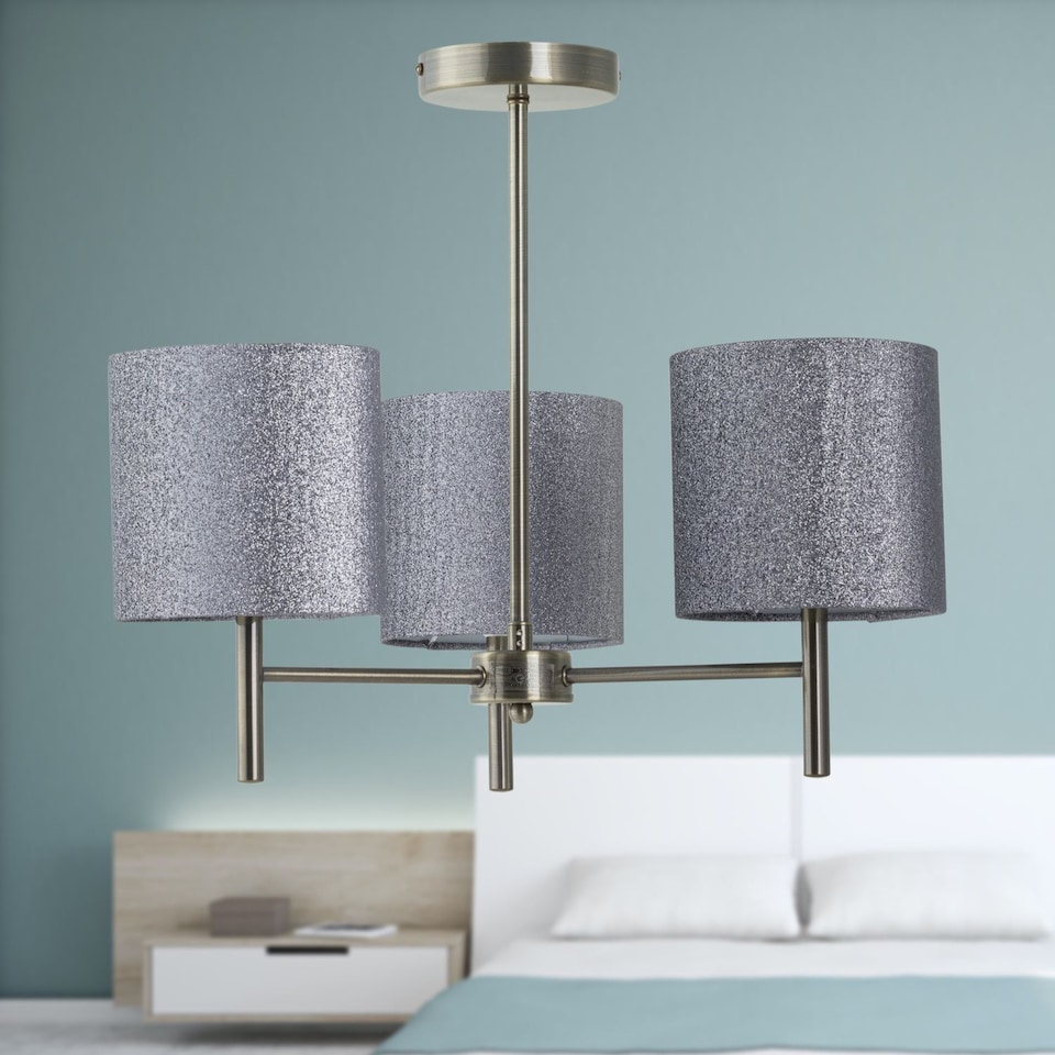 image 1 of Brea - Antique Brass 3 Light Fitting with Silvery Grey Glitter Shades | Yellow | Grey | 1