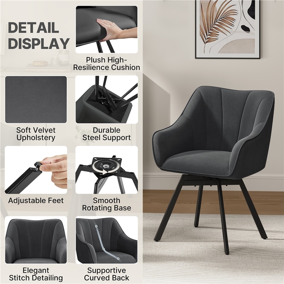 image 1 of Yaheetech Set of 2 Modern Velvet Dining Chairs with Rotating Seat and Backrest | Grey | Dark Grey | One Size
