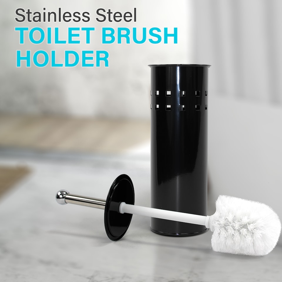 image 1 of STAINLESS STEEL BATHROOM TOILET CLEANING BRUSH & HOLDER FREE STANDING SET BLACK