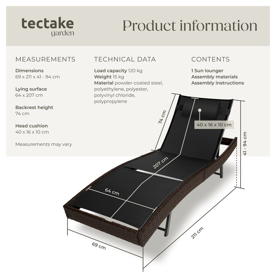 image 1 of Sun Lounger Weatherproof And UV-resistant 6 step Adjustable Backrest Poly Rattan | Brown | mixed brown | 1
