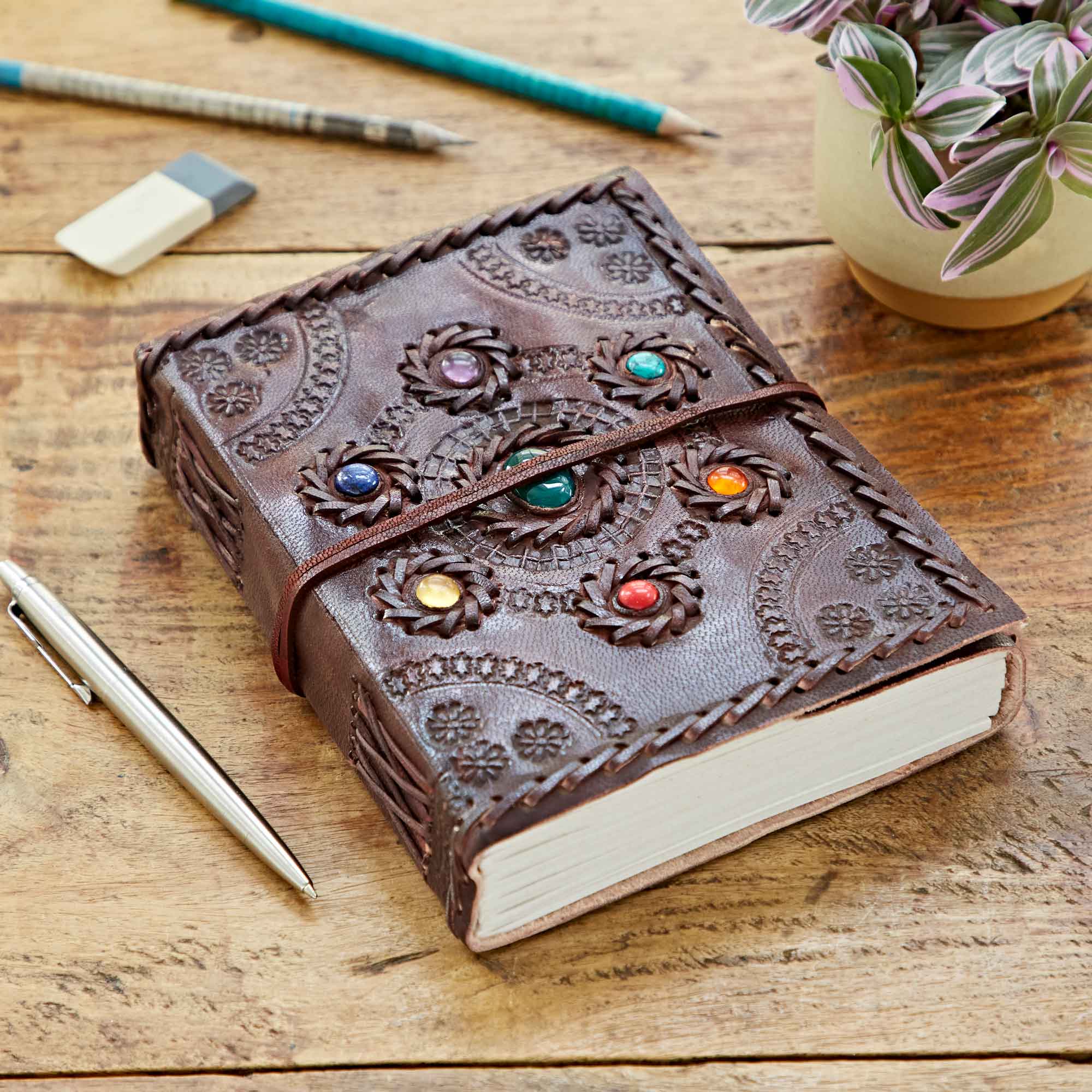 Indra Chakra Circle Embossed and Stitched Leather Journal with Semi-Precious Stones