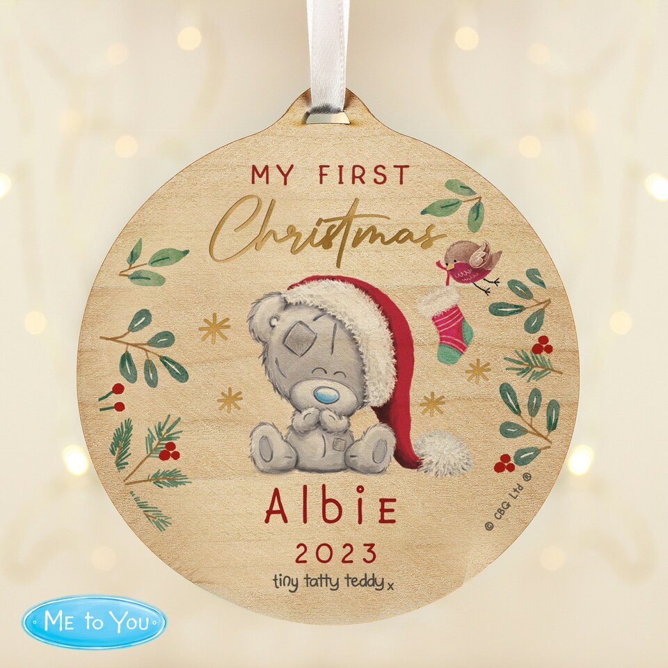 image 1 of Personalised First Christmas Tiny Tatty Teddy Round Wooden Decoration