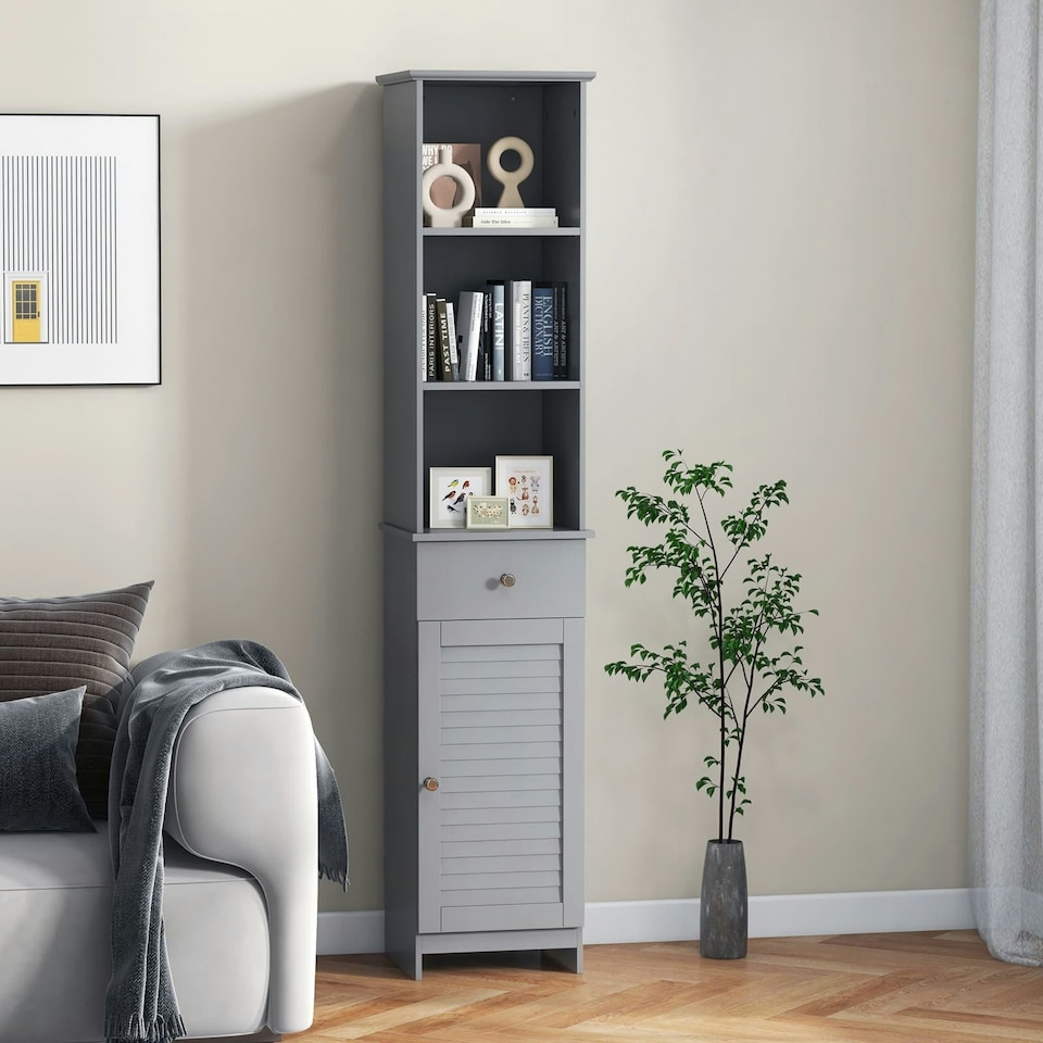image 1 of COSTWAY Bathroom Storage Cabinet with 3 Open Shelves Grey | Grey | 1