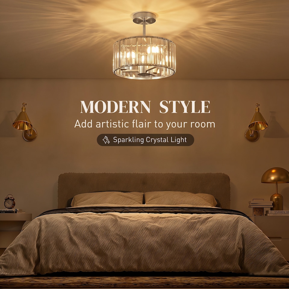 image 1 of HOMCOM Semi Flush Mount Modern Crystal Chandelier Ceiling Light