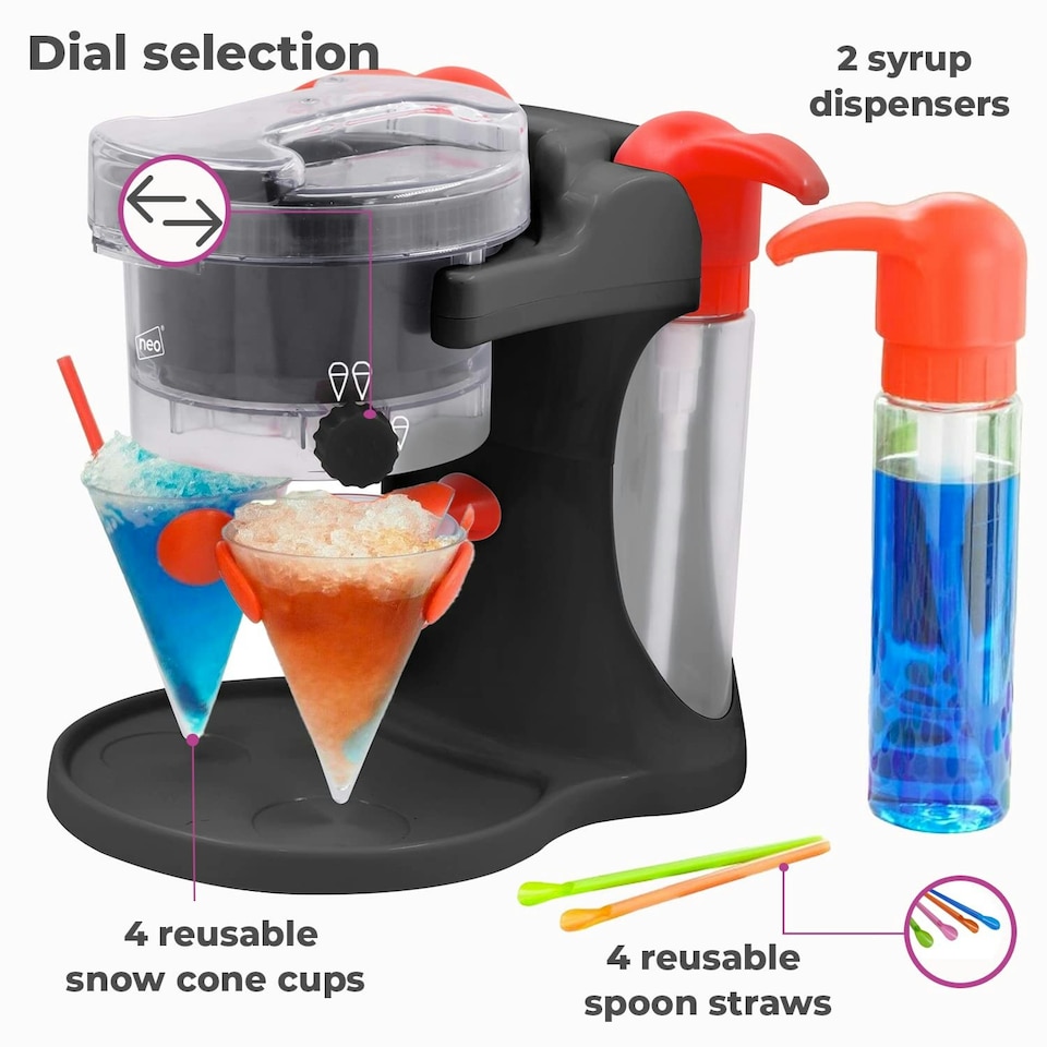 image 1 of Neo Ice Snow Cone Slushie Slushy Slush Cold Shaver Maker Ice Scraper Drinks Cocktail Machine Electric Crusher Dispenser with 4 Straws & 4 Cups (Black)