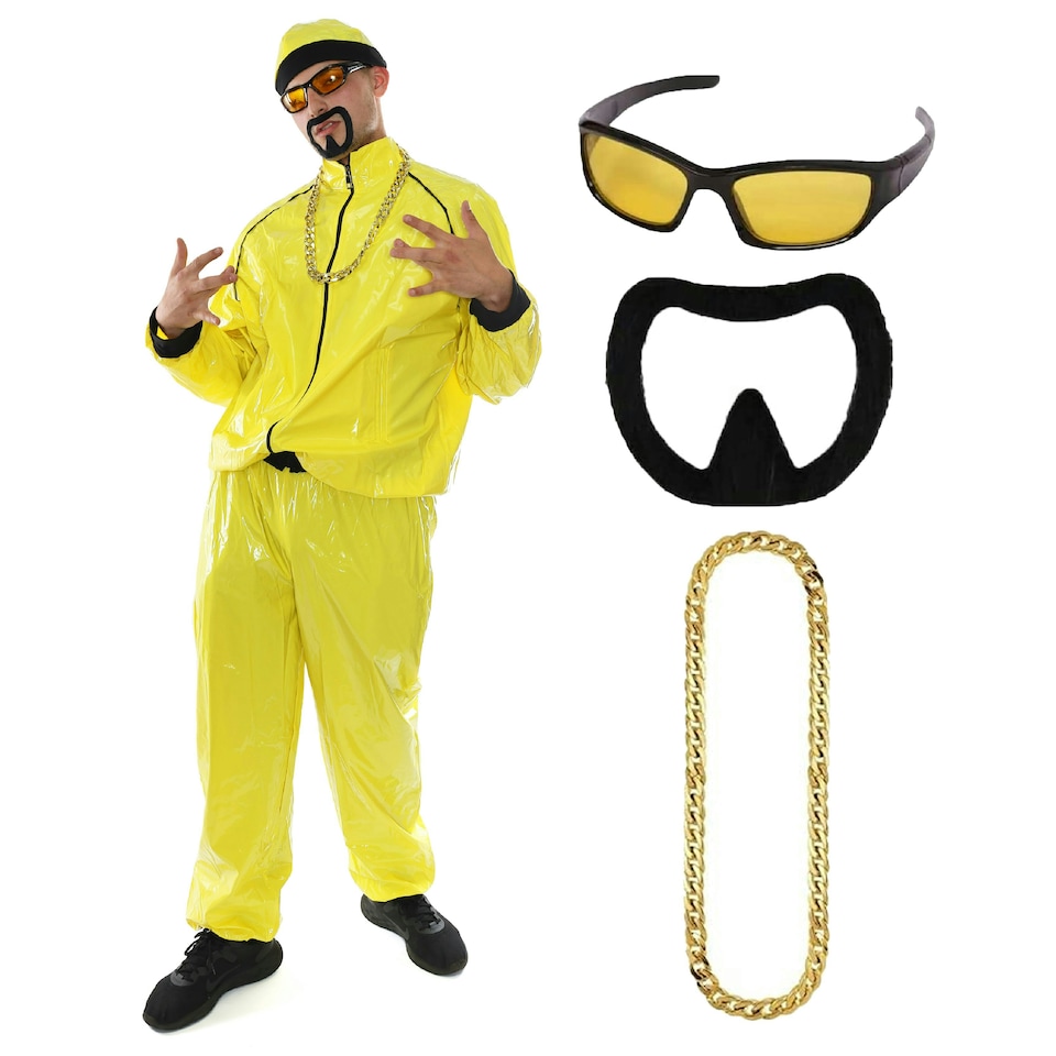 image 1 of Adult Yellow Rapper Ali Costume – 1980s Fancy Dress Outfit with Jacket, Beard & Gold Chain Yellow | XL