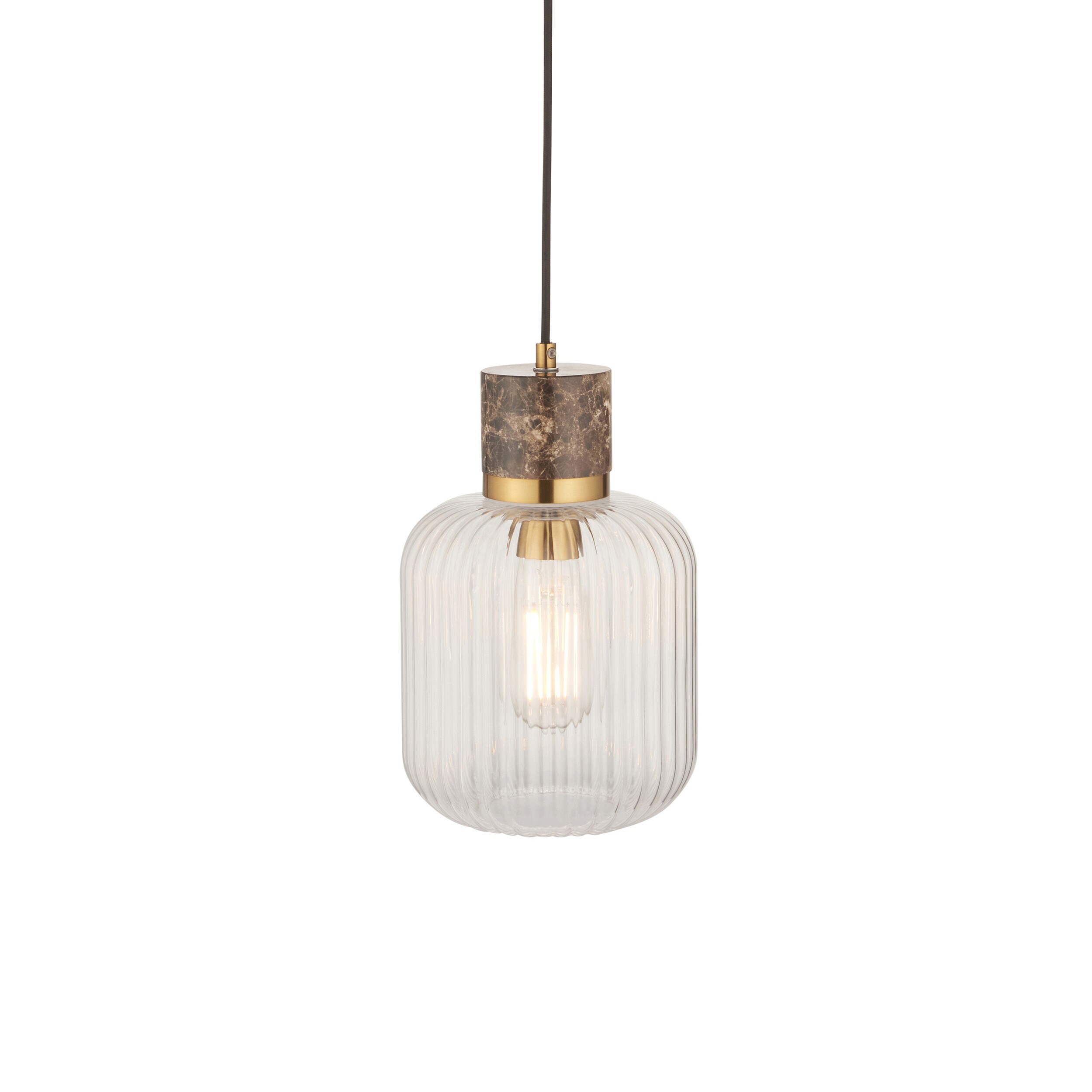 Travi Ribbed Slim Pendant Ceiling Light Dark Brown Emperador Marble, Vintage Brass & Clear Ribbed Glass E27