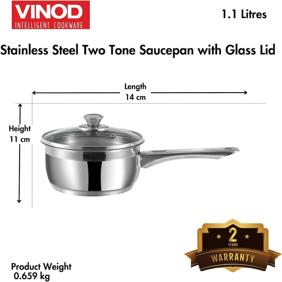 image 1 of Vinod Cookware Two Tone Stainless Steel Saucepan with Glass Lid - Steam Vent, Sturdy Handle Induction Bottom (14cm , 1 ltr) | Multi