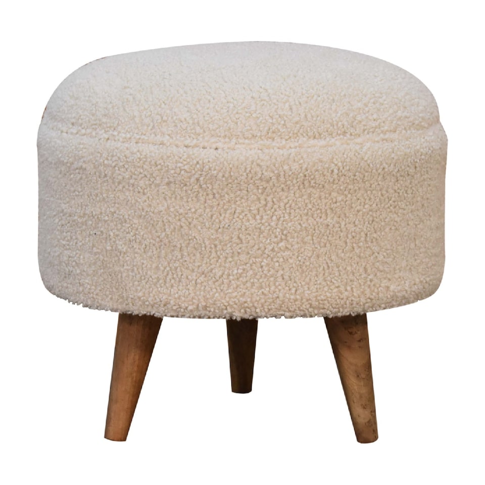 image 1 of Artisan Furniture Solid Wood Cream Boucle Rounded Footstool, Upholstered, Brown and Cream