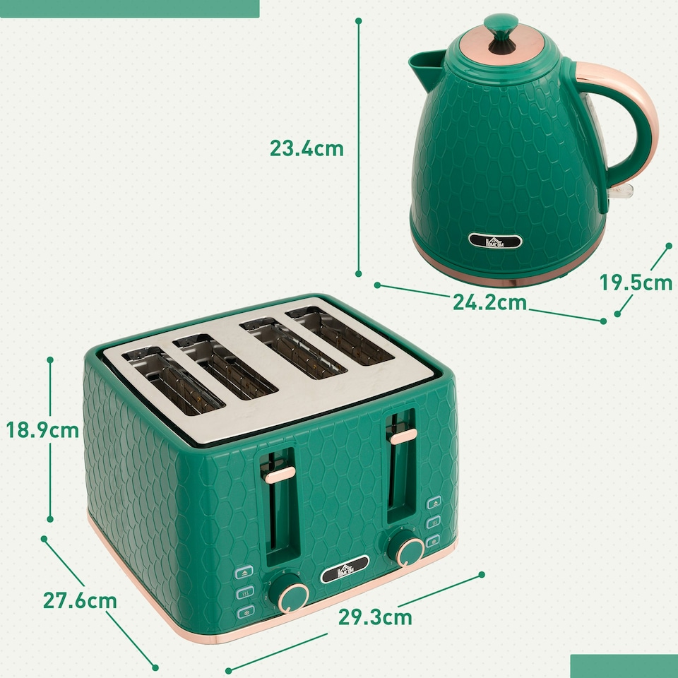 image 1 of HOMCOM 1.7L Kettle and Toaster Set with Defrost Reheat and Crumb Tray Green
