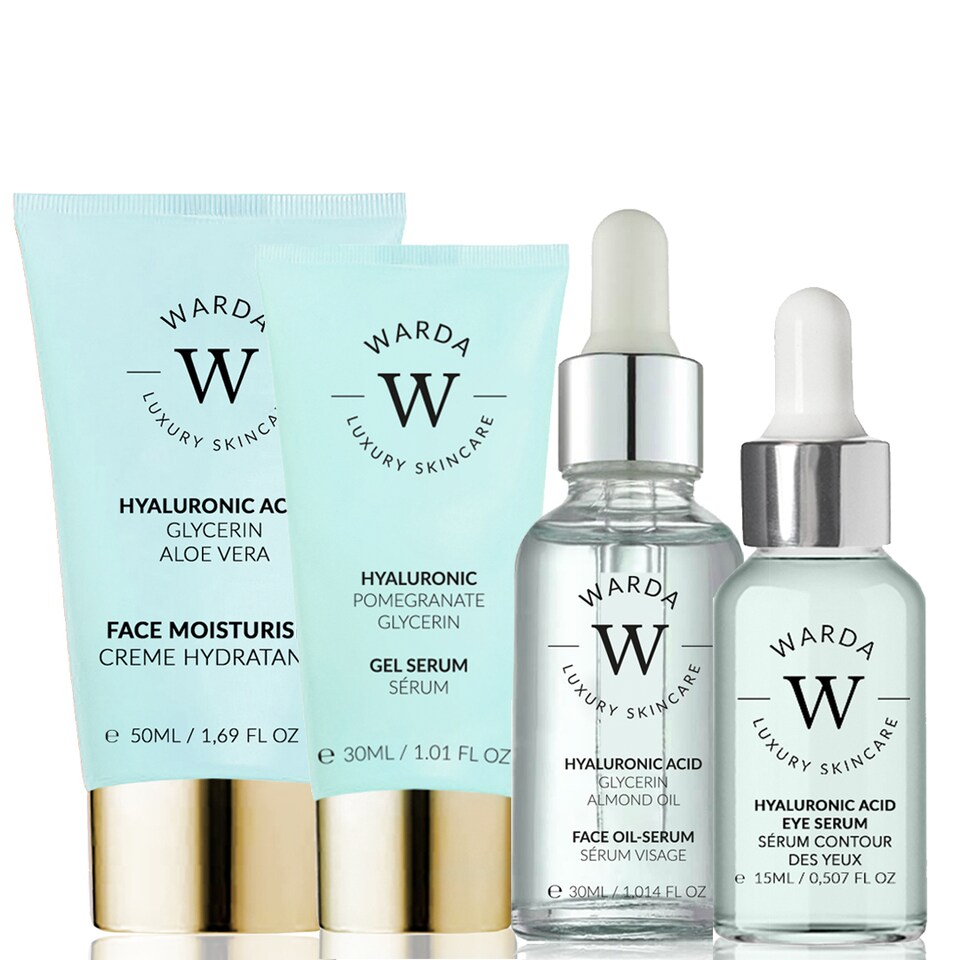 image 1 of Warda Luxury Skincare Skin Hydration Boost Hyaluronic Acid Moisturiser 50ml + Skin Hydration Boost Hyaluronic Acid Eye Serum 15ml + Skin Hydration Boost Hyaluronic Acid Gel Serum 30ml + Hyaluronic Acid Hydration Boost Oil Serum 30ml