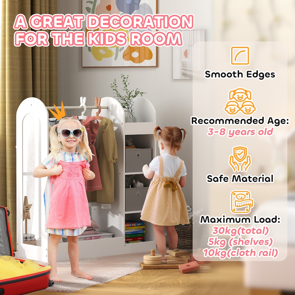 image 1 of AIYAPLAY Kids Clothes Rail with Storage Shelf, Boxes, Mirror | White