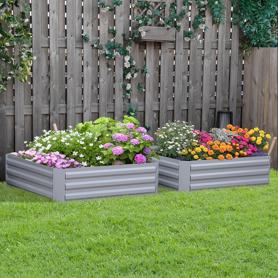 image 1 of Outsunny Set of 2 Raised Garden Bed Galvanised Planter Box Grey