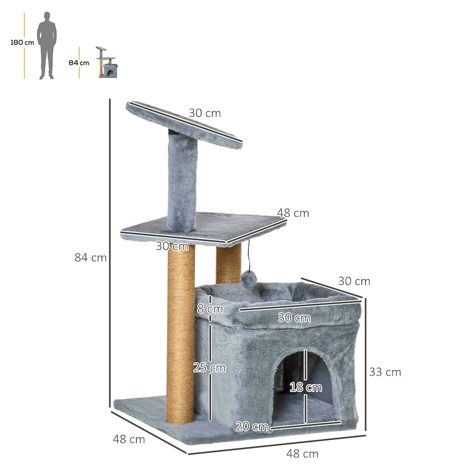 image 1 of PawHut Cat Scratching Post with Bed House Perch Toy for Indoor Cats, Grey