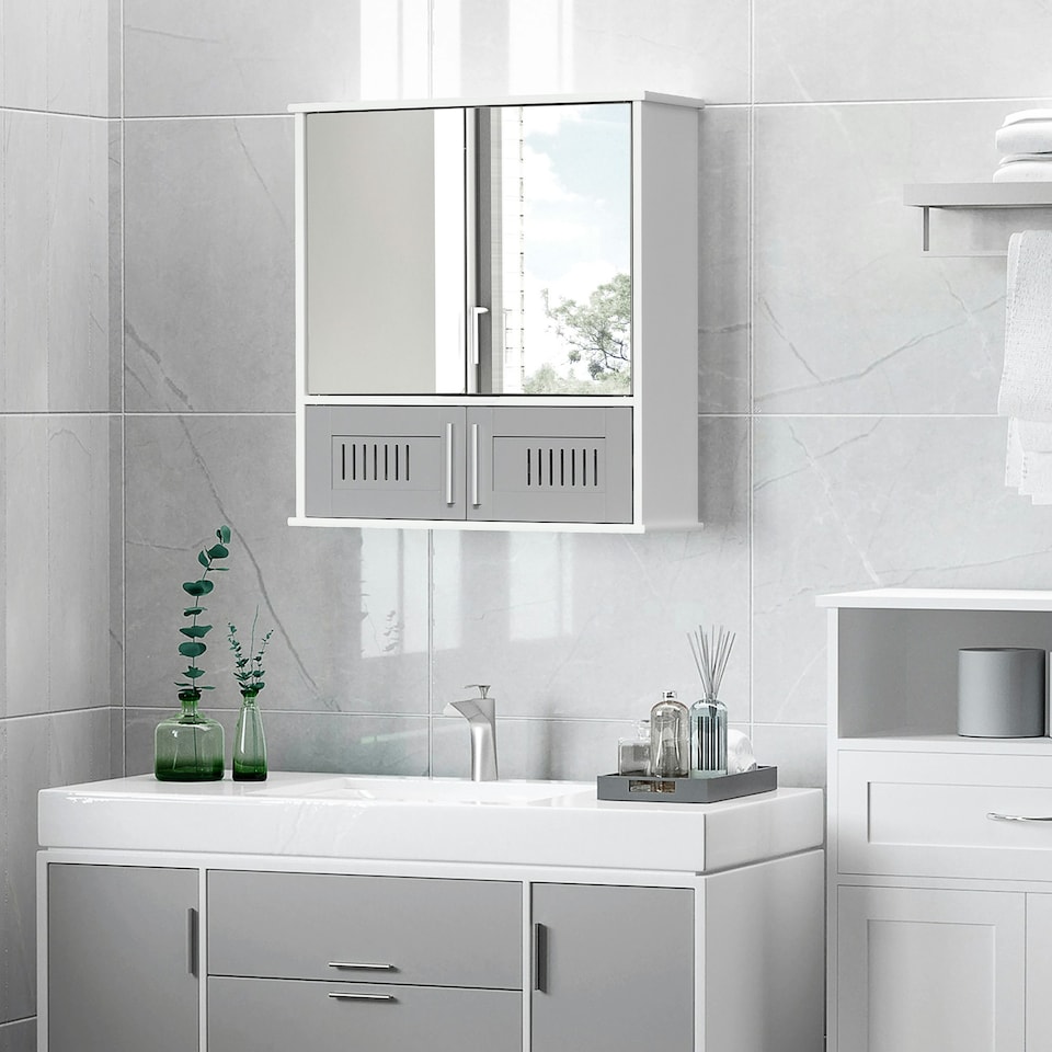 image 1 of kleankin Bathroom Mirror Cabinet Wall Mount Storage Unit Double Doors, Grey