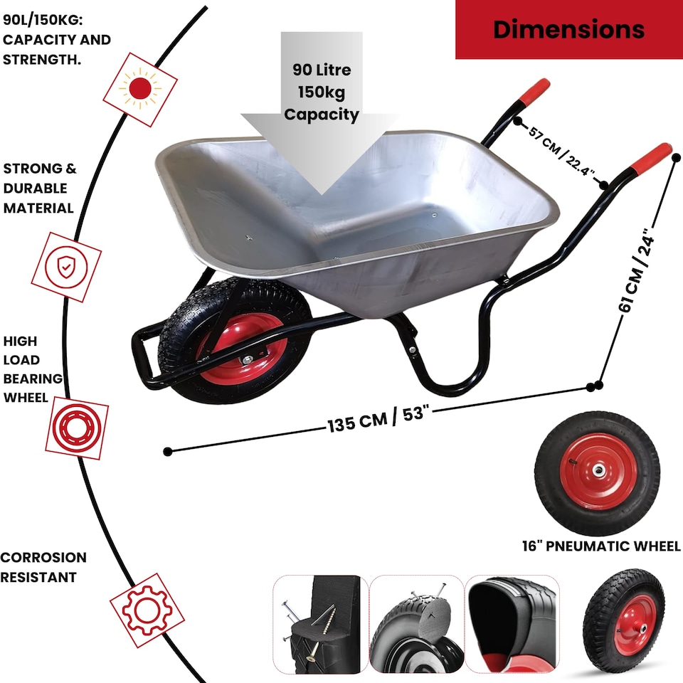 image 1 of 90 Litre 150kg Capacity Heavy Duty Galvanised Samuel Alexander Metal Garden Wheelbarrow with Pneumatic Tyre