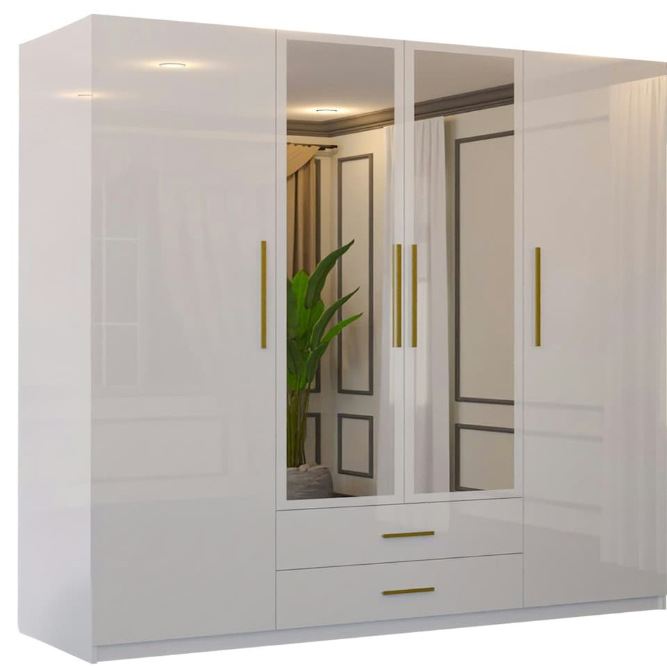image 1 of Modern 4-Door High Gloss Wardrobe with Soft-Close Mirrors, Gold Accent Handles, Drawers & Shelves – 160cm Wide White | White160cm