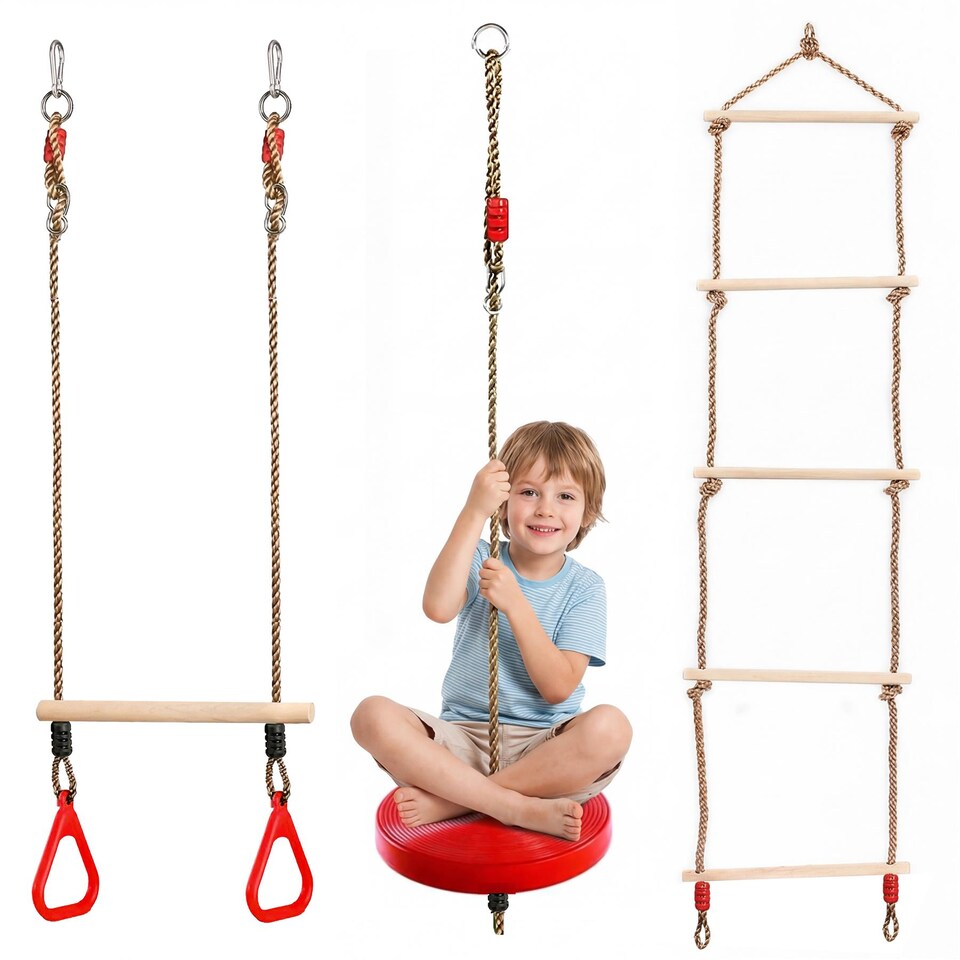 image 1 of The Magic Toy Shop 3-in-1 Trapeze Swing Rope Ladder Set Outdoor Climbing Accessories