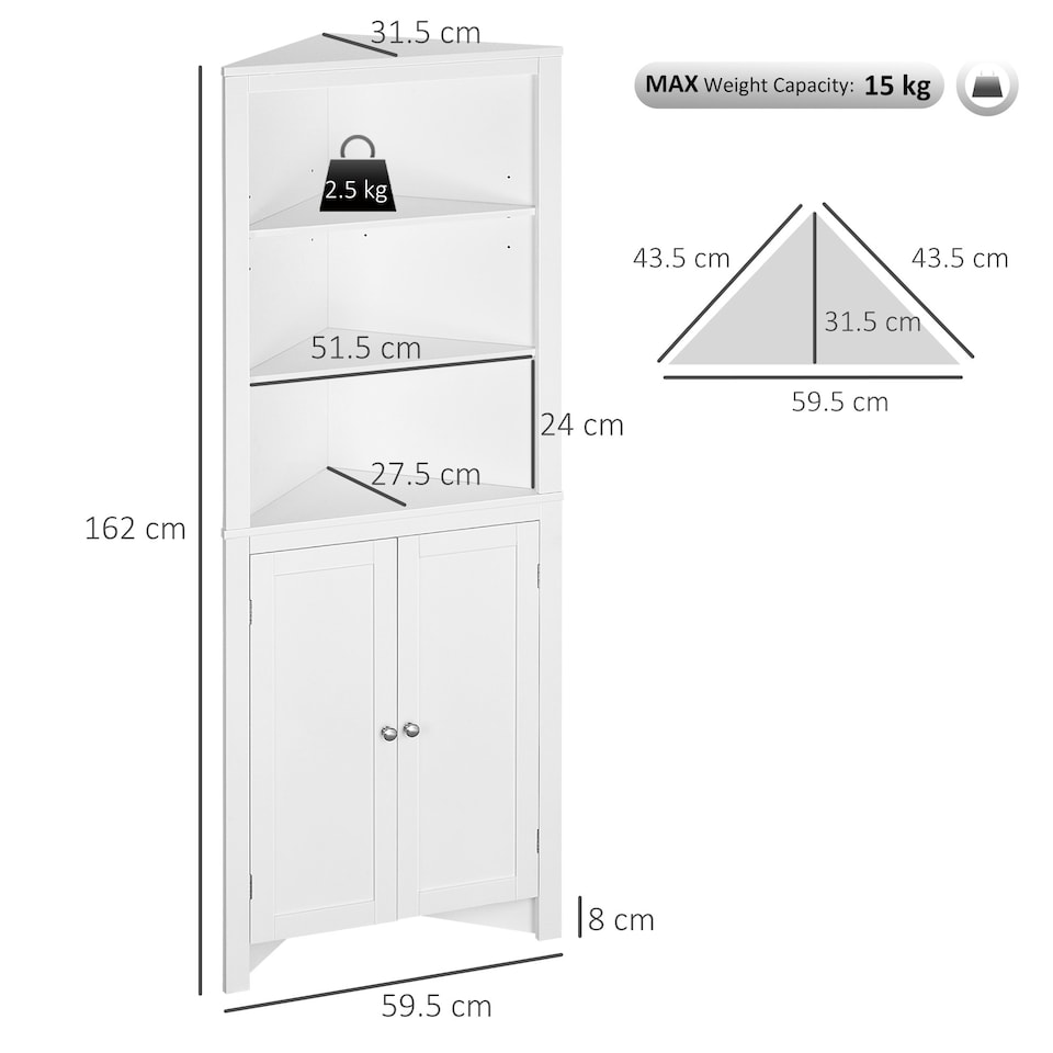image 1 of kleankin Corner Bathroom Cabinet, Double Doors and Adjustable Shelves, White